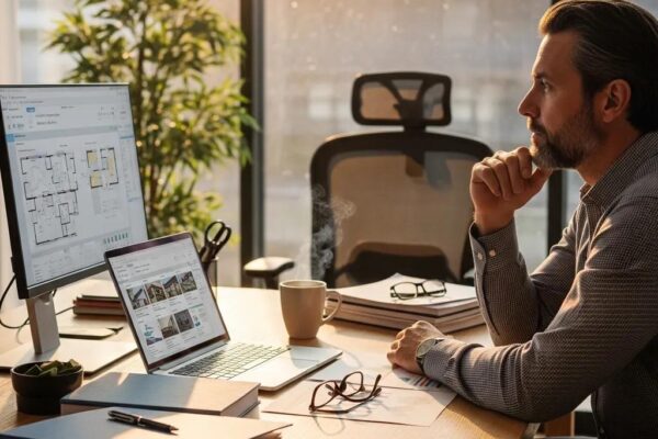 Business owner reviewing commercial real estate loans in a cozy office setting