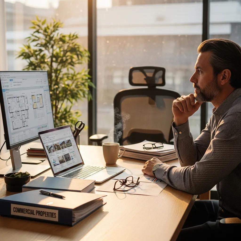 Business owner reviewing commercial real estate loans in a cozy office setting