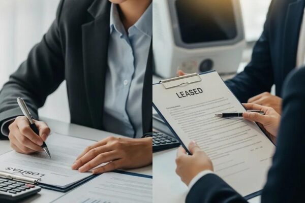 Small business owner comparing equipment loan and lease options