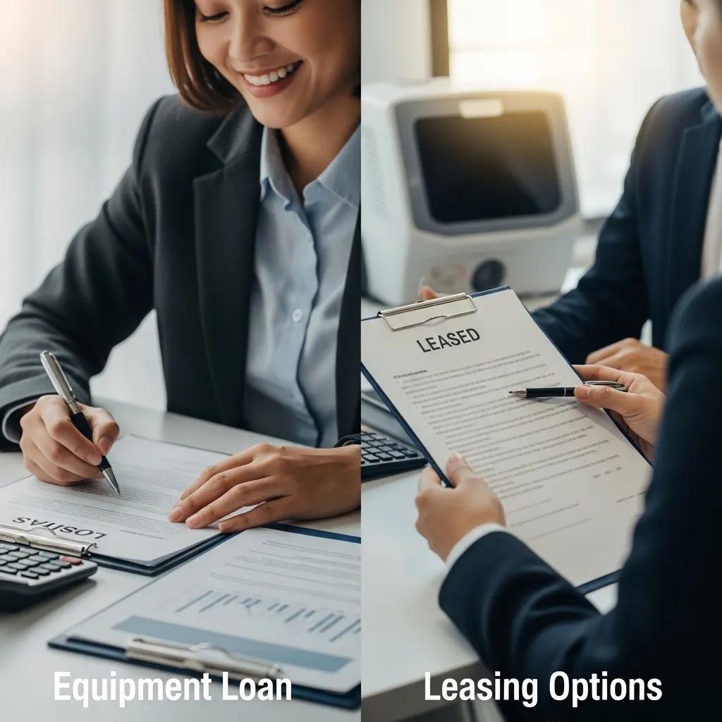 Small business owner comparing equipment loan and lease options